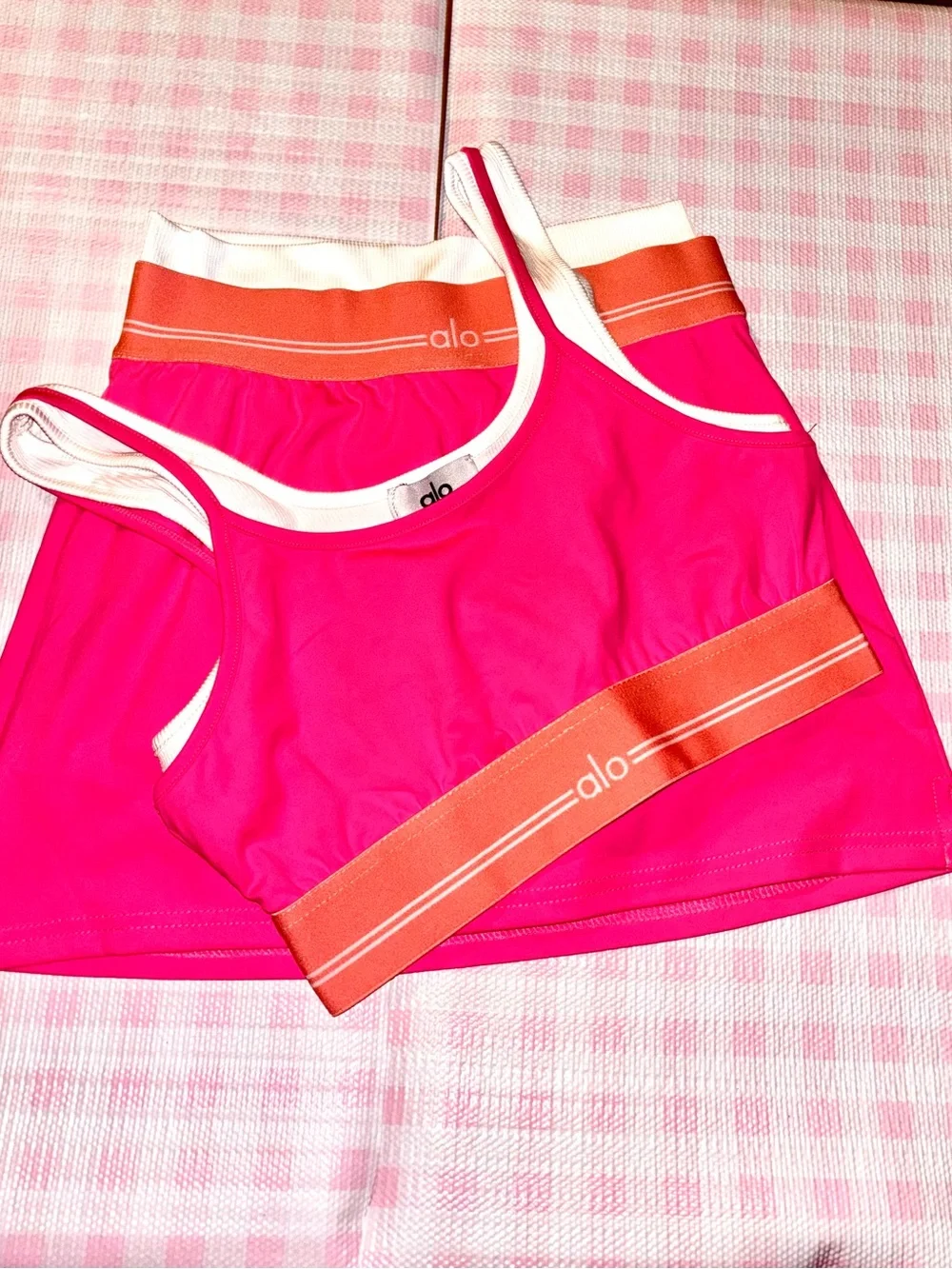 ALO Yoga Bright Pink Sports Bra with Orange Band